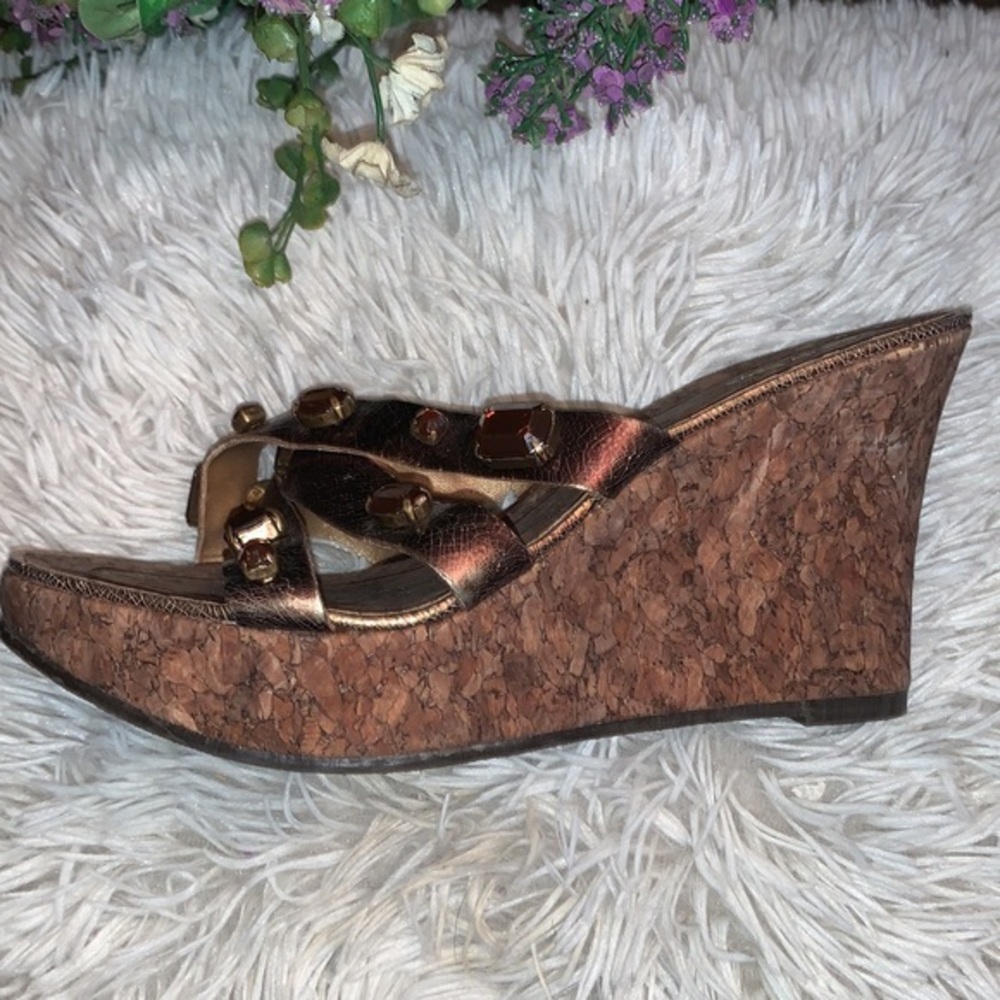 Metallic Bronze Wedge Sandal with Gem Accents
